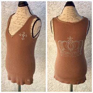 Miss Me Brown Ribbed Knit Rhinestoned Royal Queen Princess Crown Tank Top Shirt